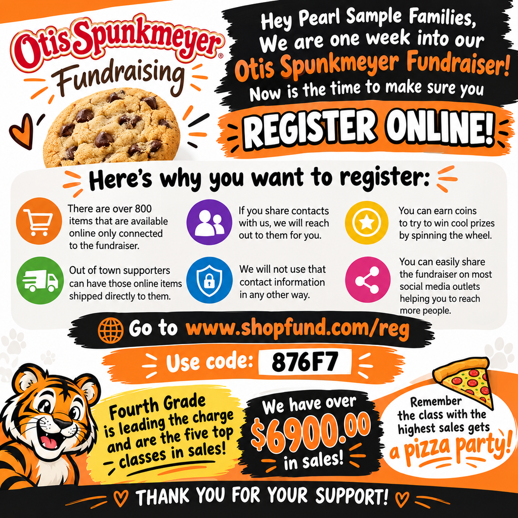 Advertisement for Otis Spunkmeyer Fundraising. Features a cookie, icons, text, mascot, and a pizza. Registration link and code provided.