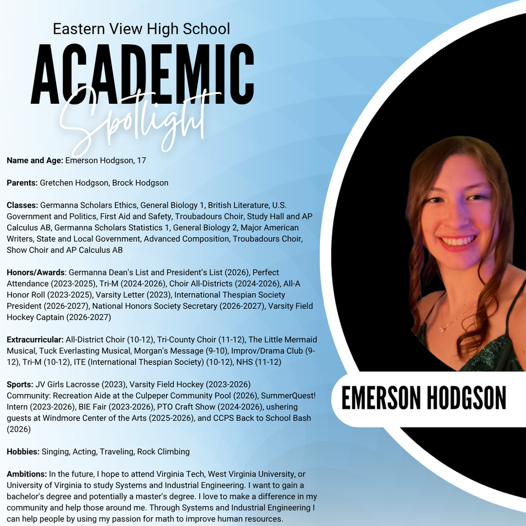 Document displaying an academic spotlight featuring a student. It includes the student's name, classes, achievements, and aspirations.