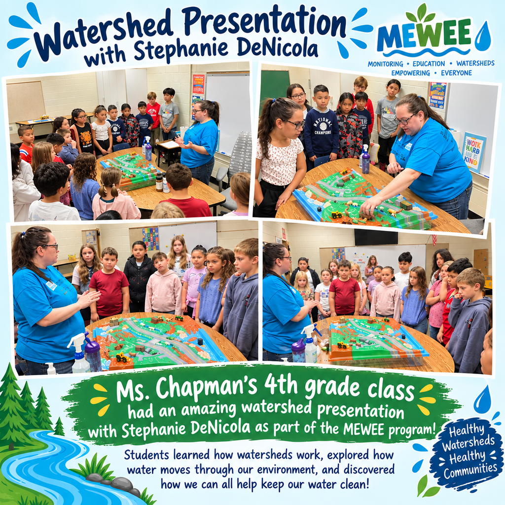 Collage of Stephanie DeNicola presenting to children, with the top image showing students around a table.