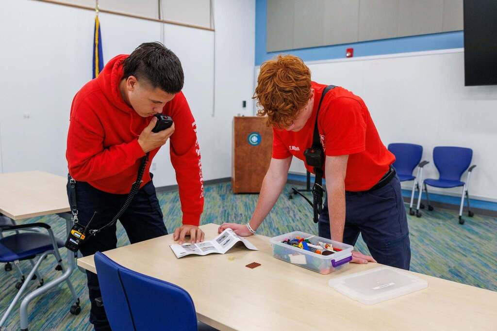 Two CTEC Firefighter students practice radio communication while completing a hands-on exercise at the Culpeper Technical Education Center (CTEC).