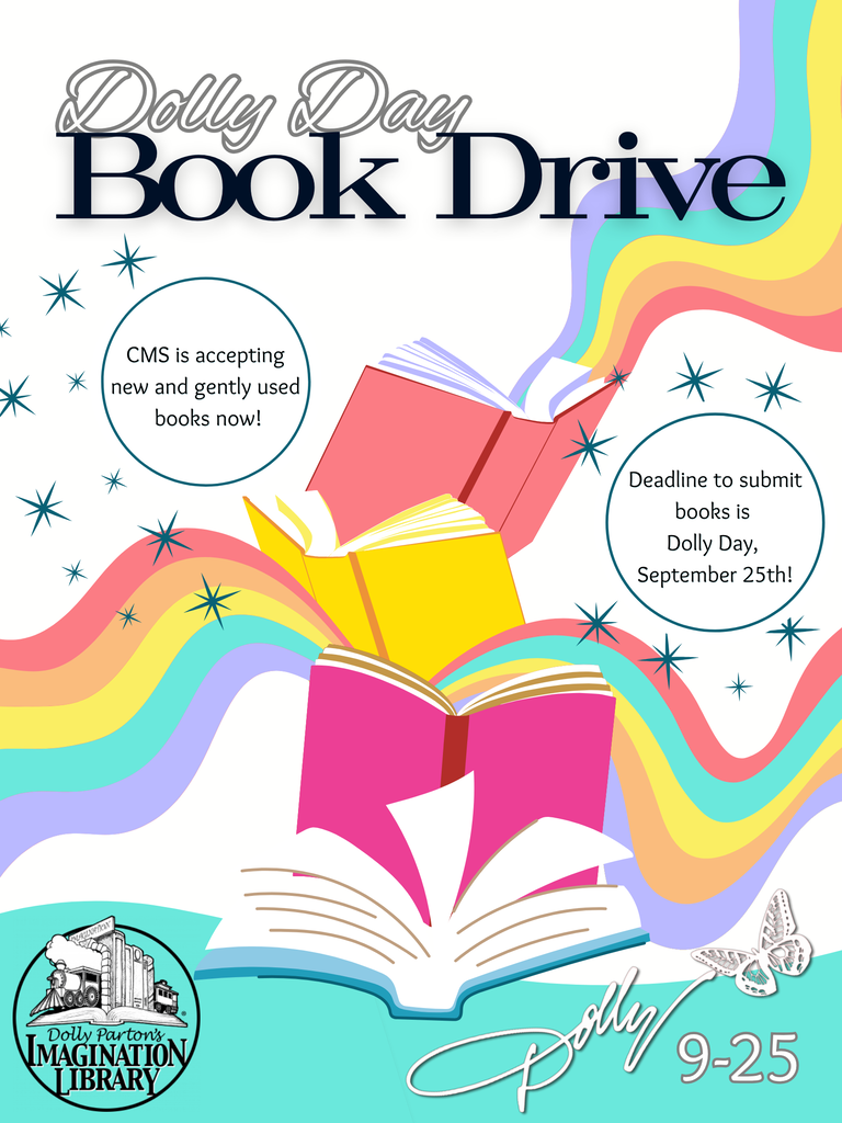 Colorful Dolly Day Book Drive flyer featuring rainbow waves, stars, butterflies, and illustrated open books. Culpeper Middle School is accepting new and gently used books for Dolly Parton’s Imagination Library. The deadline to submit books is Dolly Day, September 25.