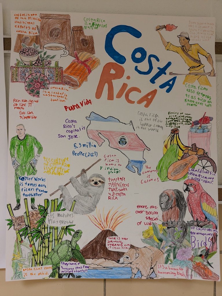 A colorful collage with the title "Costa Rica" in blue letters. It features diverse images including a sloth, fruit, volcano, and people in traditional clothing.