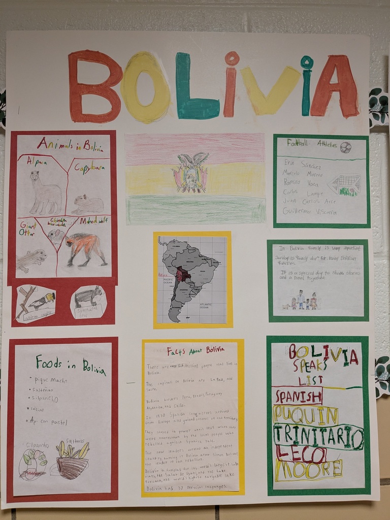 A colorful poster displays the word Bolivia at the top. Sections include animals, a map, and food.