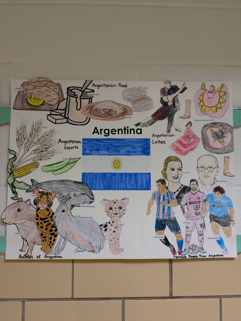 A colorful collage on a wall includes an Argentine flag, food, animals, people, and cultural elements.