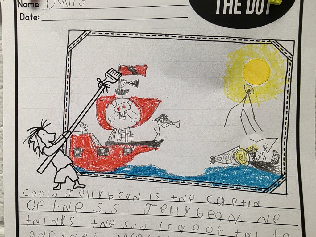 Drawing of a pirate ship with a flag, a person holding a sword, and a sun above.