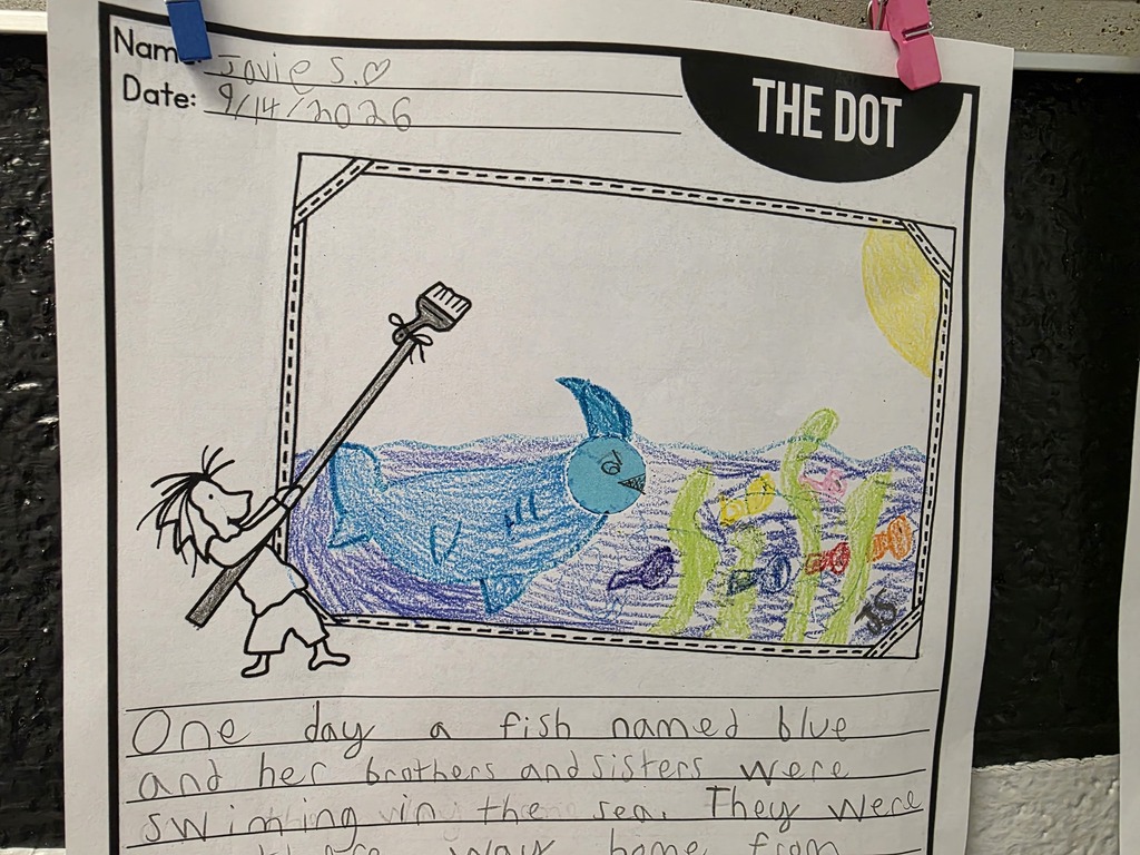Drawing of a fish with blue skin holding a spear. Text reads "One day a fish named Blue and her brothers and sisters were swimming to the sea."