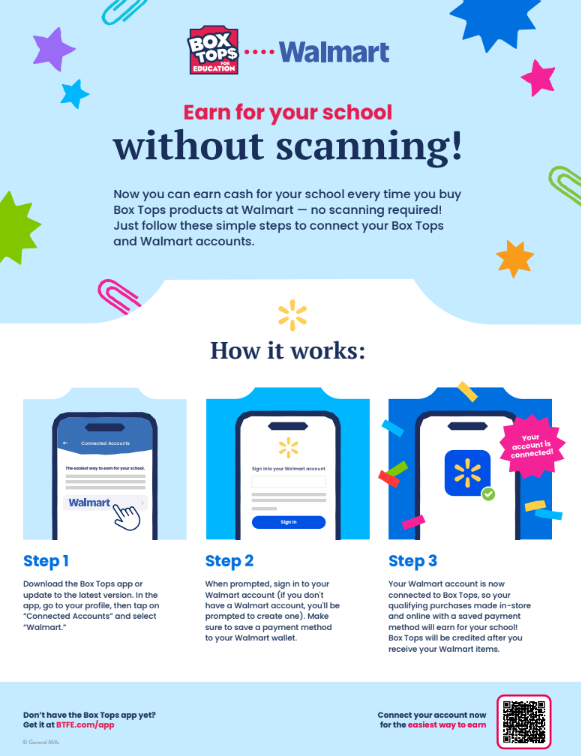 An infographic with colorful designs, explaining steps to earn cash for school purchases at Walmart via an app.