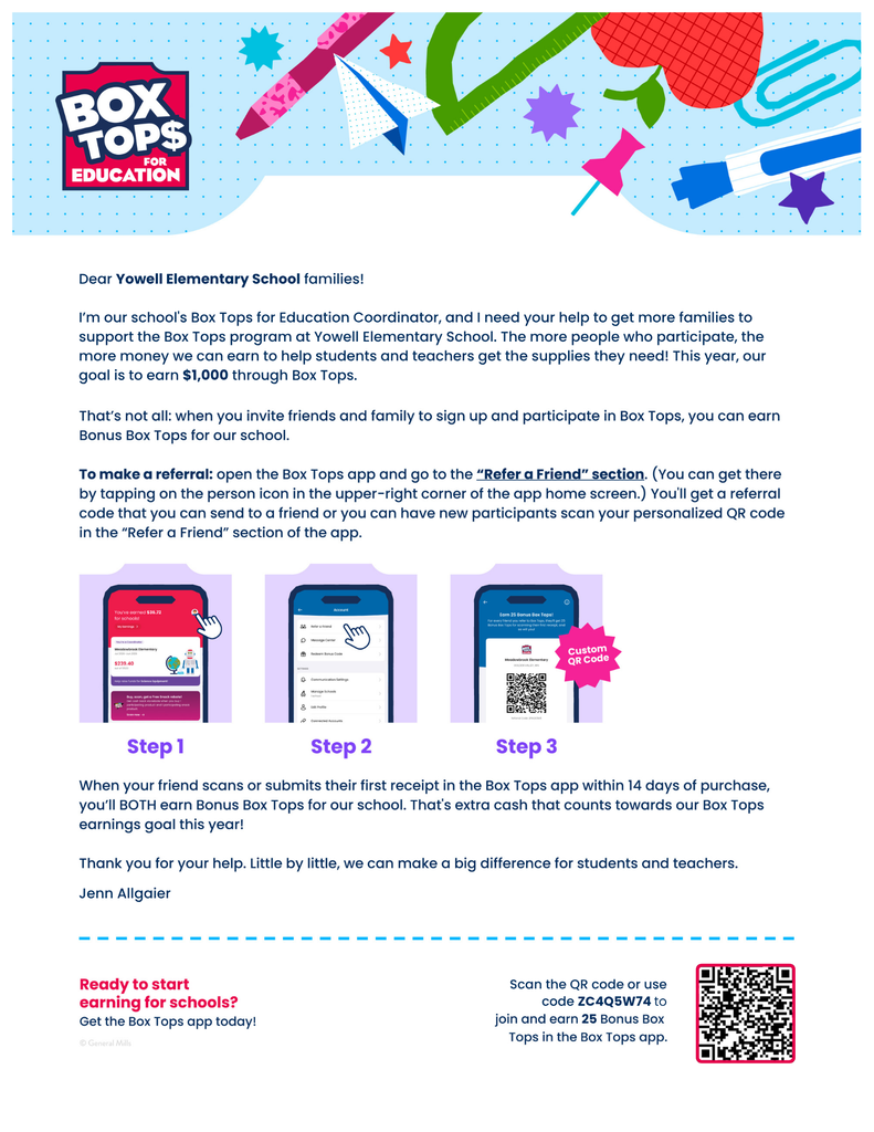 A promotional flyer for Box Tops for Education. It includes a QR code, images of a phone screen, and instructions on how to participate.