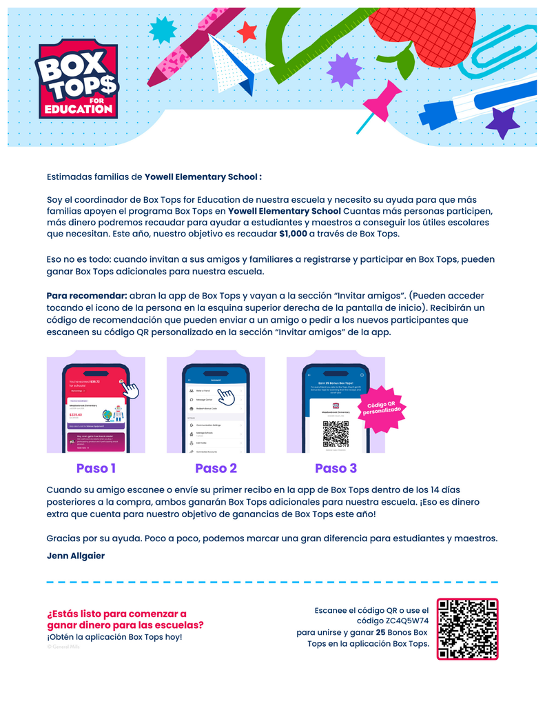 A flyer displays a sequence of steps on a smartphone screen. It includes text and images of a rocket, pencil, and pins. QR codes are visible on the screen.