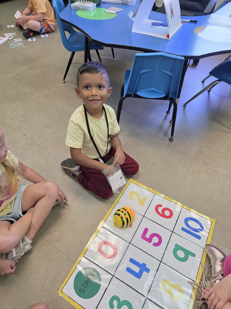 A classroom with children sitting on the floor. A child has a small bee-like figure in front of a numbered board.