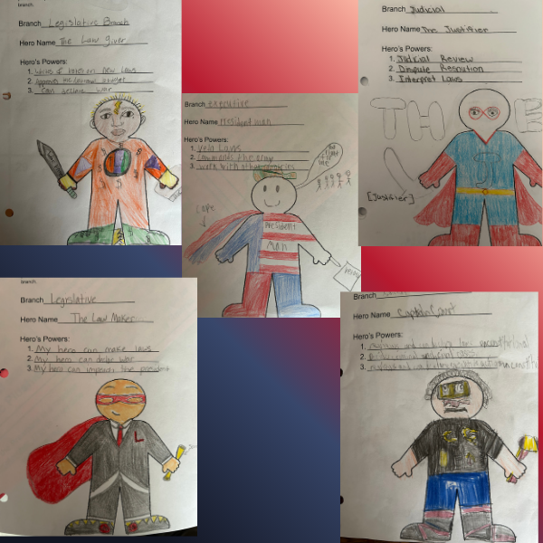 A collage of five student-created superheroes representing the legislative, executive, and judicial branches of the U.S. government. Students designed and colored original characters and listed powers associated with each branch.
