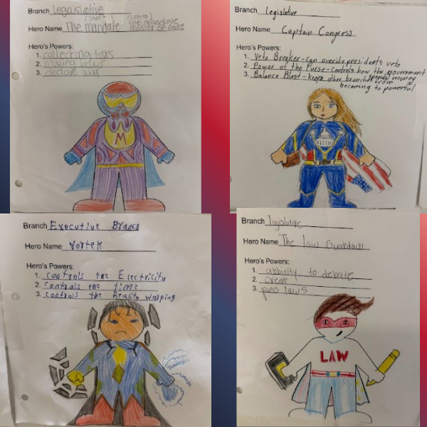 A collage of four student-created superhero drawings representing branches and powers of the U.S. government. Each colorful character includes a superhero name and descriptions of government responsibilities and powers.