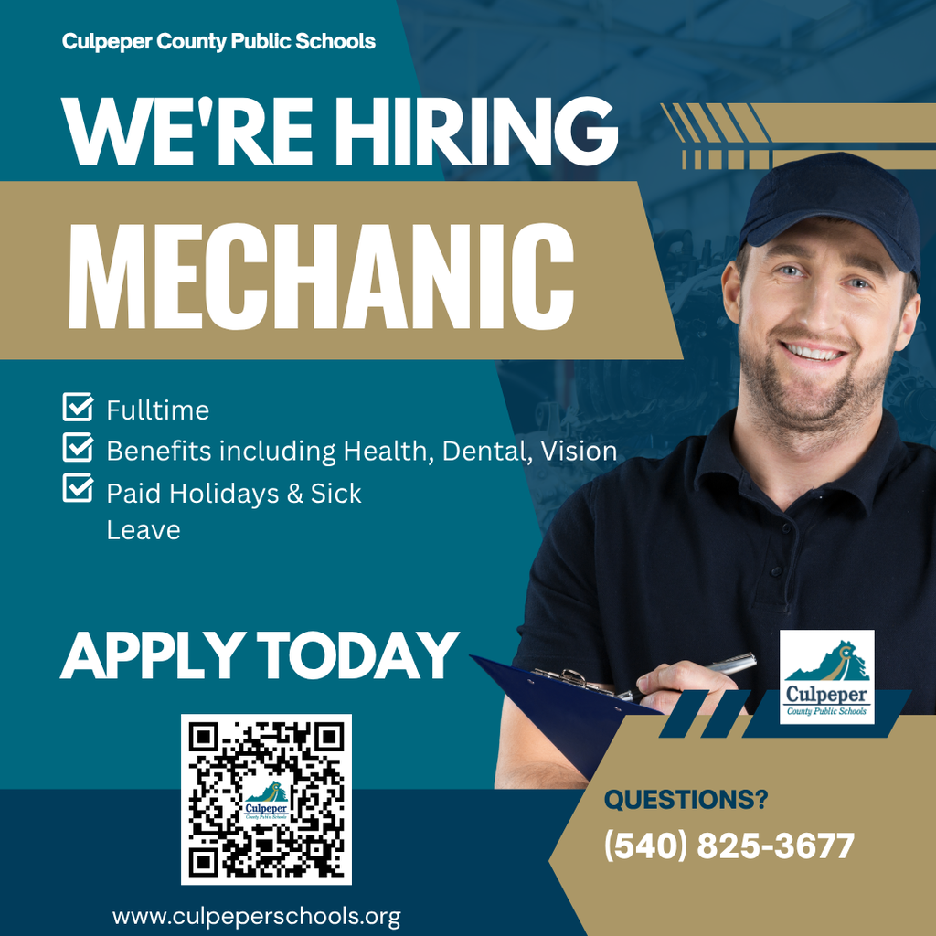 A poster advertising a mechanic job. A smiling man in a blue cap holds a clipboard. Details include benefits and contact information.