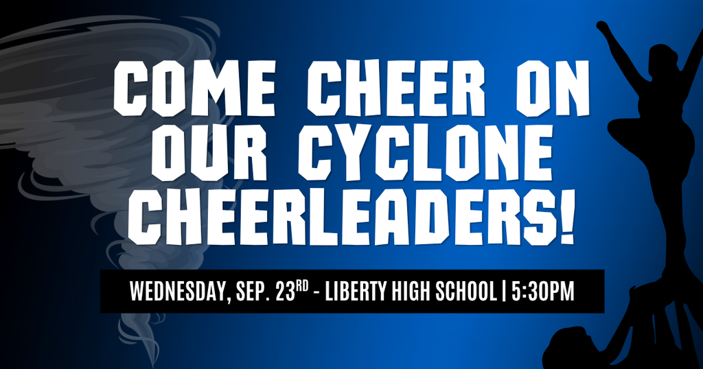 Blue background with a cyclone graphic. Silhouettes of cheerleaders performing. Text reads "Come cheer on our Cyclone Cheerleaders!"