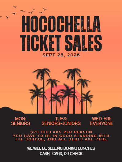 Event poster for Hocochella ticket sales on Sept 26, 2026. It shows a sunset, palm trees, and text detailing ticket prices and payment methods.