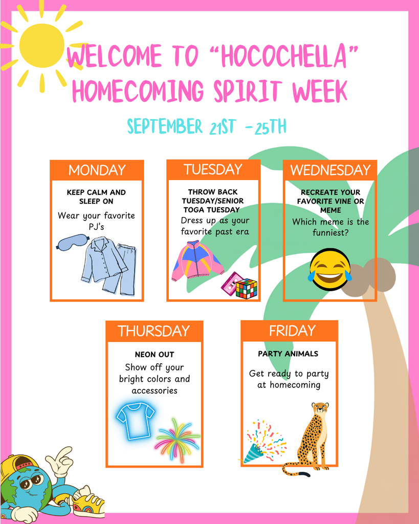 A colorful poster for Homecoming Spirit Week with a tropical tree. Five days of themed activities are listed.