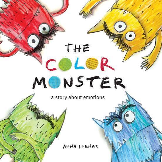 Book cover features four cartoon monsters in red, yellow, green, and blue, titled "The Color Monster: A Story About Emotions."