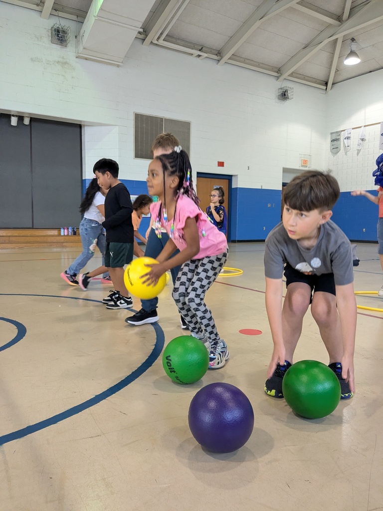 Children play with large balls of varying colors in a gymnasium with a blue circle on the floor.