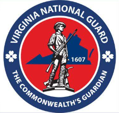 Circular emblem features a historical soldier with rifle, silhouette of Virginia, and text "Virginia National Guard."