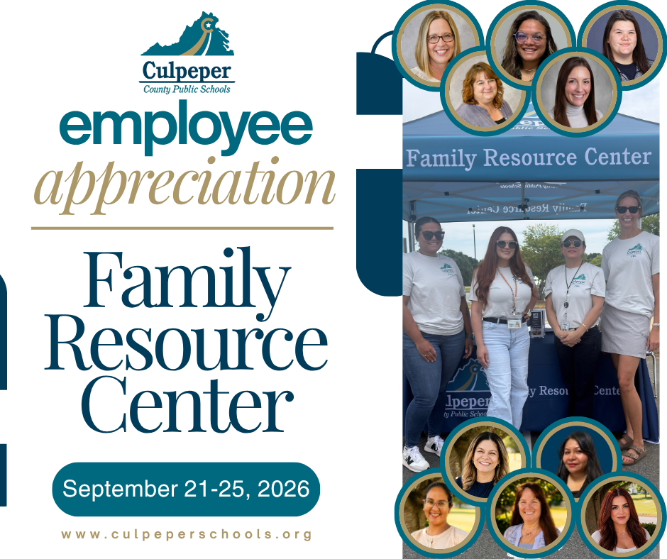 A poster displays the "Employee Appreciation Family Resource Center" with a date of September 21-25, 2026, and photos of smiling staff.