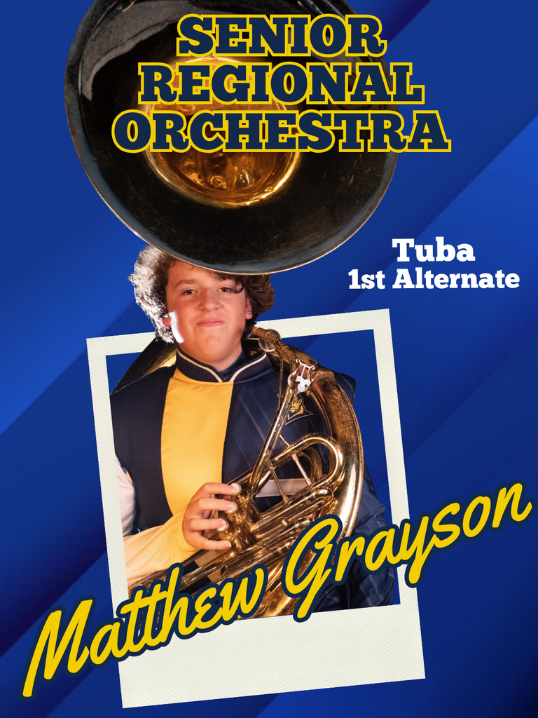 An image shows a person holding a tuba with the text "Senior Regional Orchestra" and "Tuba 1st Alternate".