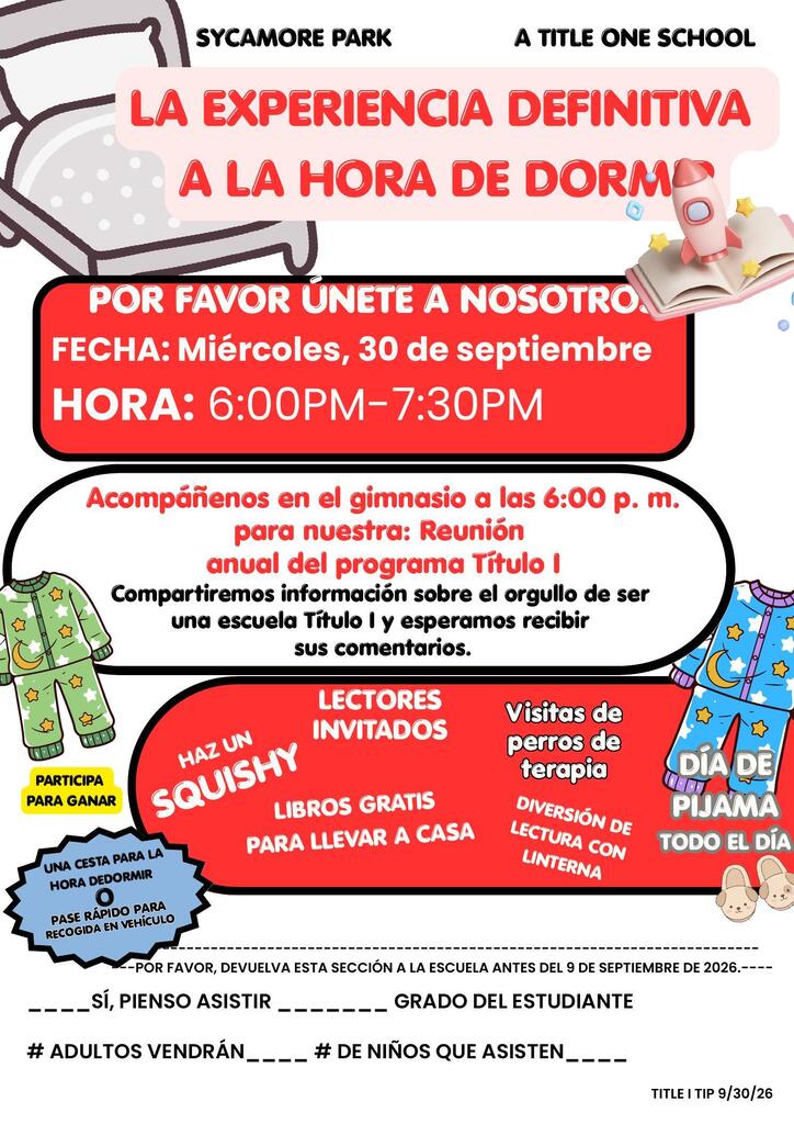 A poster with a sleeping child, book, and pajamas. It reads "LA EXPERIENCIA DEFINITIVA A LA HORA DE DORMIR." Event details are included.