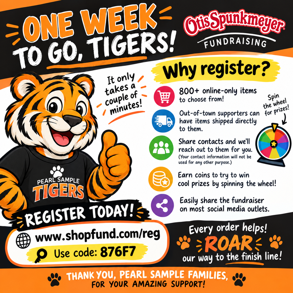 An advertisement poster features a tiger mascot wearing a shirt. Text highlights the benefits of registering for an event.