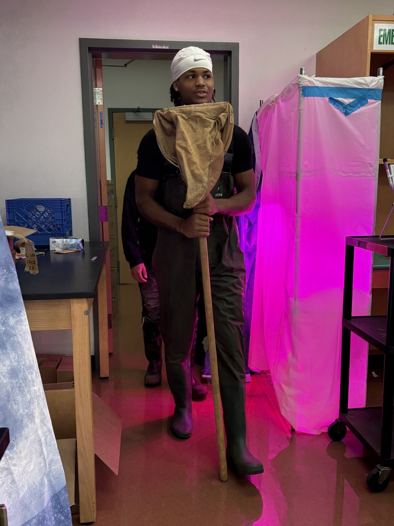Person in a lab with a large net and brown garment in front of a pink screen.