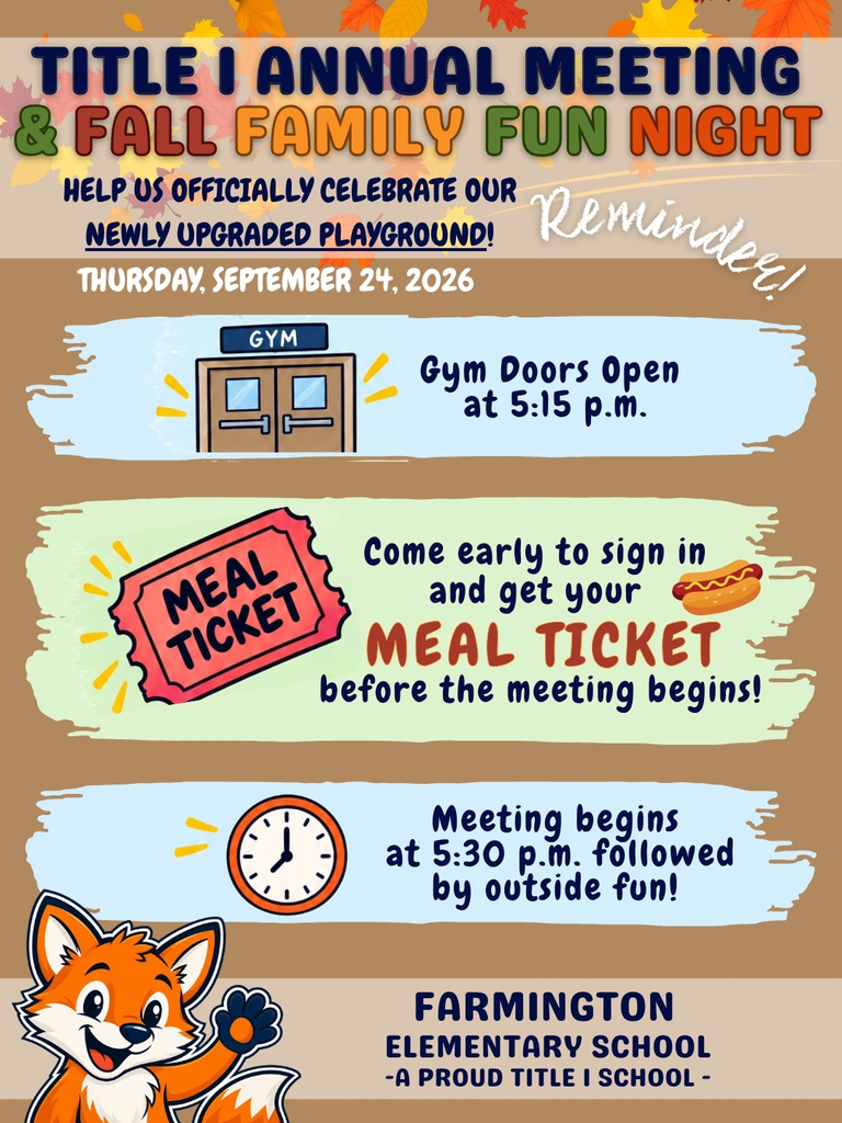 Flyer with a red ticket, gym, and fox. Event details: Title I Annual Meeting & Fall Family Fun Night, date, and time.