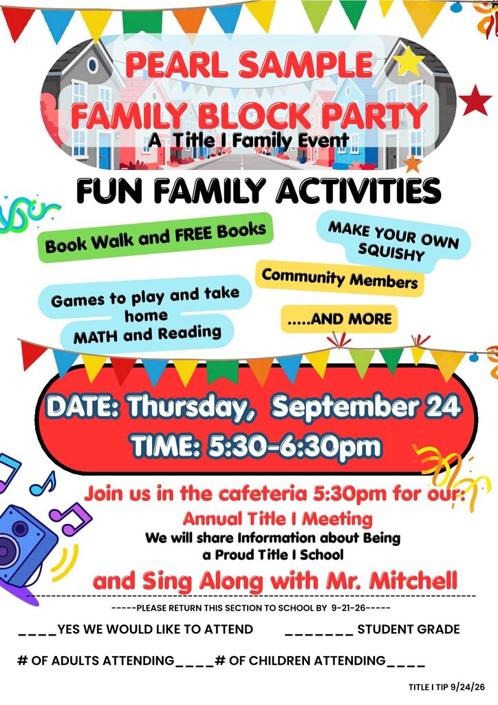 Event flyer for the Pearl Sample Family Block Party. It shows a colorful design with text, icons, and a date.