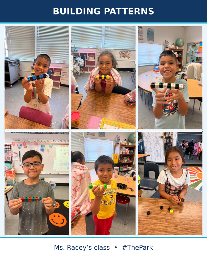 Collage of children in a classroom holding and playing with colorful beaded bracelets. The title reads "Building Patterns."