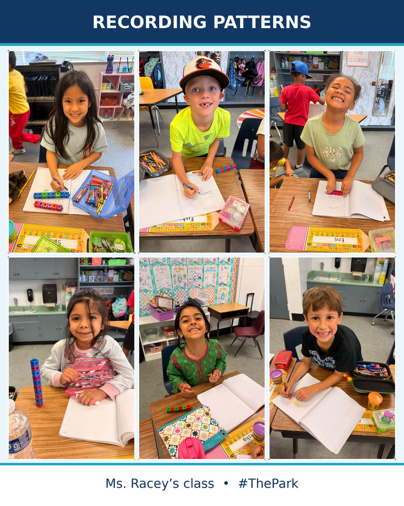 Nine young children engaged in school activities at tables, surrounded by educational materials. A blue banner at the top reads "RECORDING PATTERNS."