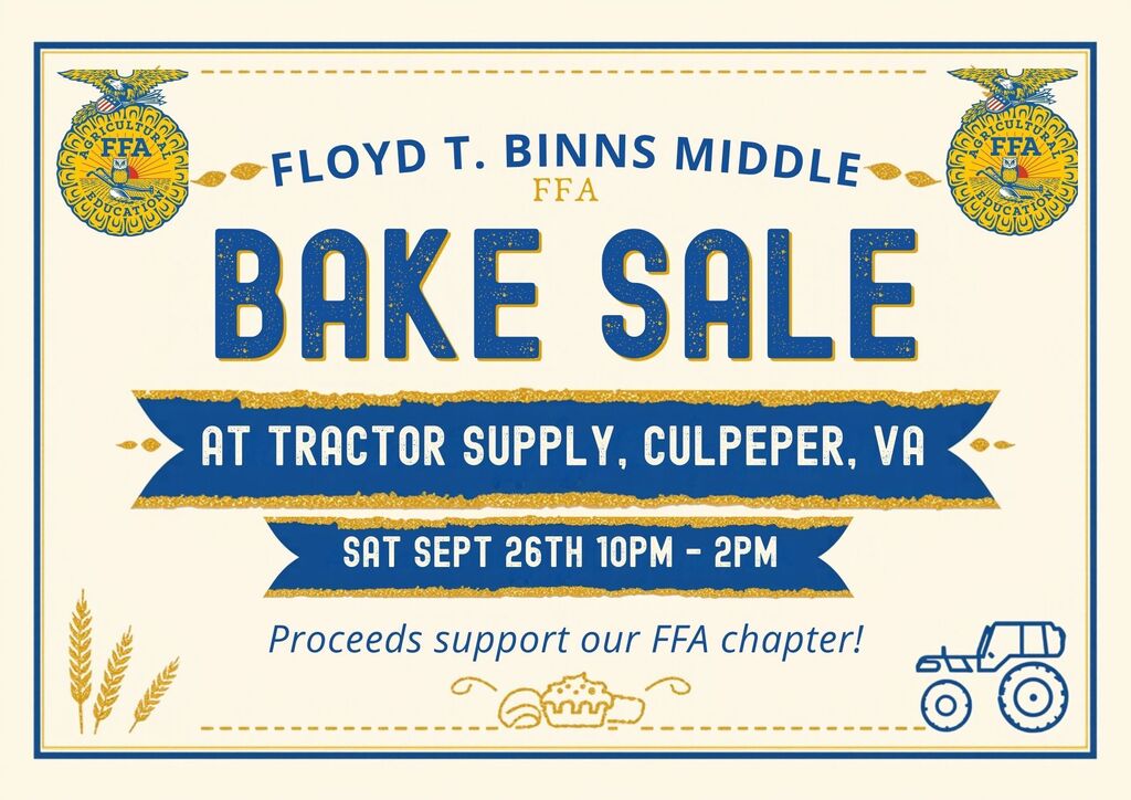 A poster with a blue banner, featuring details of a bake sale, including the event's location and date.