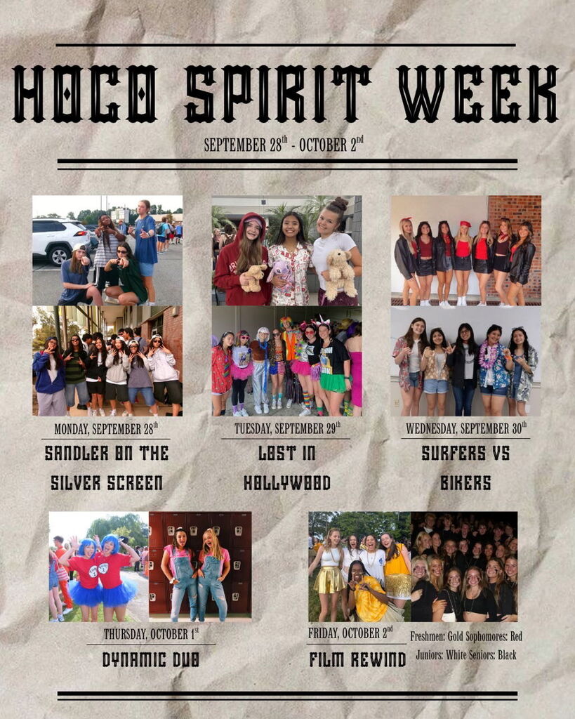Poster displays High Spirit Week from Sept. 25 to Oct. 2. Five events, including Sandlor on the Silver Screen, Film Rewind.