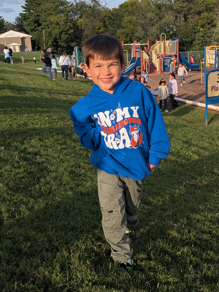 A boy in a blue hoodie stands in a grassy area, with playground equipment in the background.