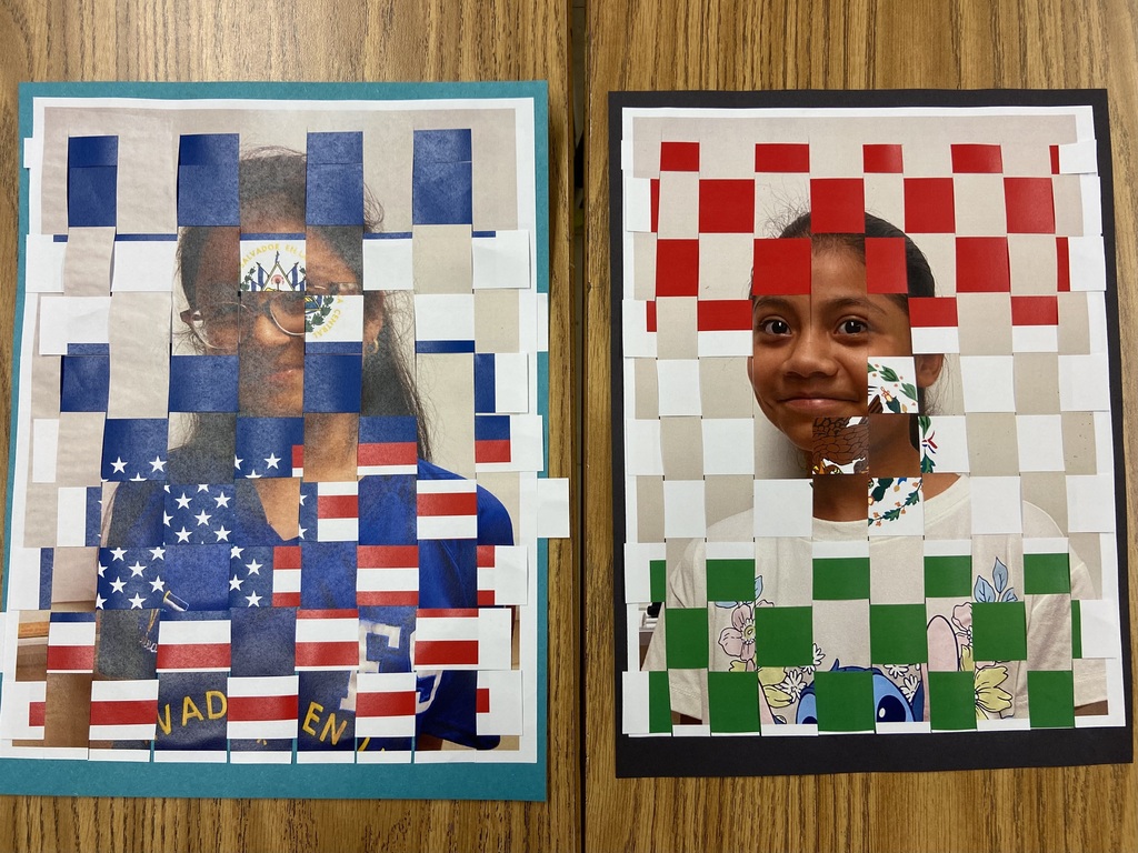 Two framed artworks with faces made of colored squares. One shows a smiling person in front of a red and white checkered background. The other depicts a person in a blue and white striped shirt.