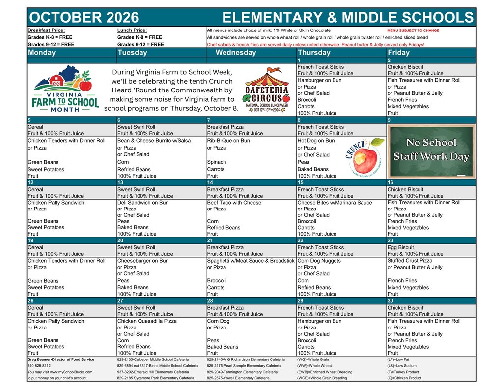 Blue and white page with "OCTOBER 2026" at top. "Elementary & Middle Schools" written above in bold. Various dates, events, and notes on schedule.