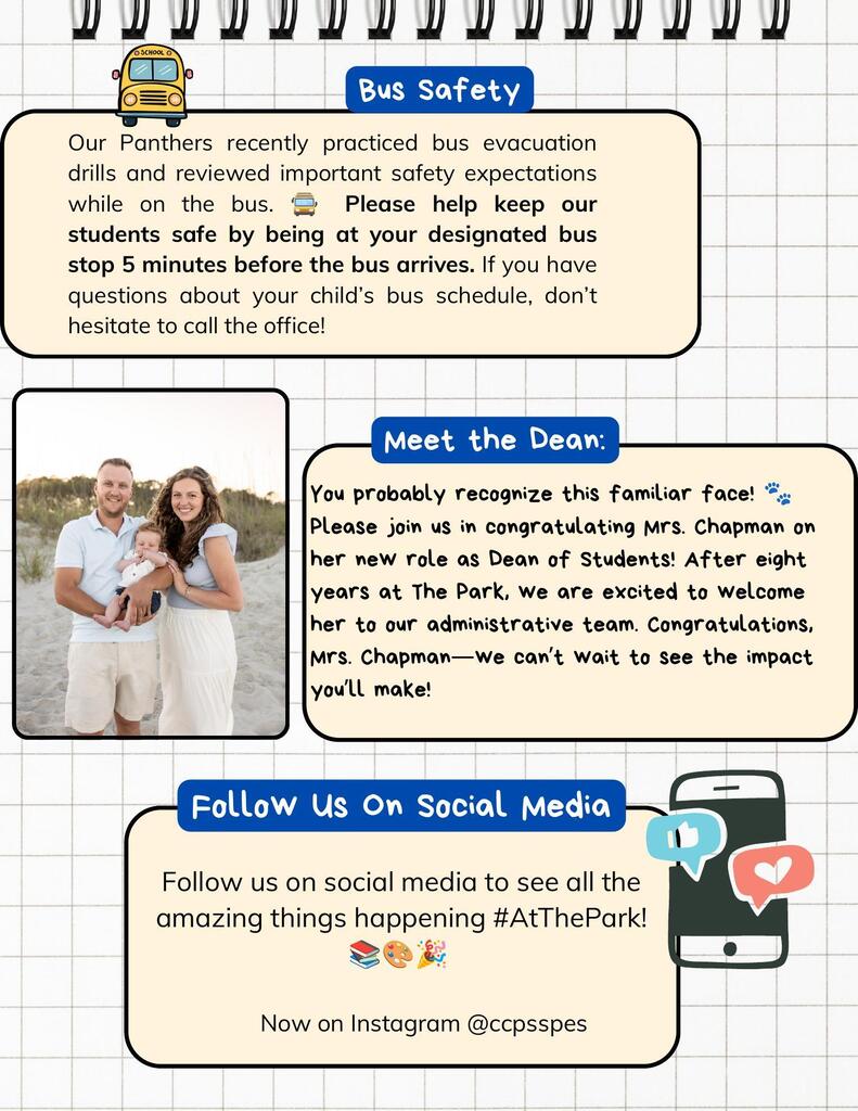 Text overlaying a school bus, a family portrait, a mobile phone, and a social media icon.