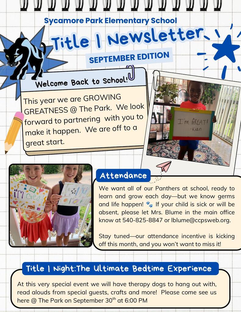 Document shows "Sycamore Park Elementary School" title. Children hold signs with "I'm Ready" and "Growing GREATEST @ The Park" text.