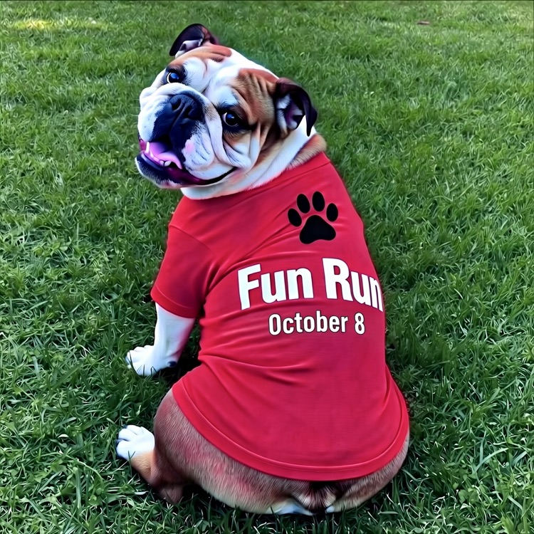 picture of a bulldog wearing a read shirt saying fun run Oct 8
