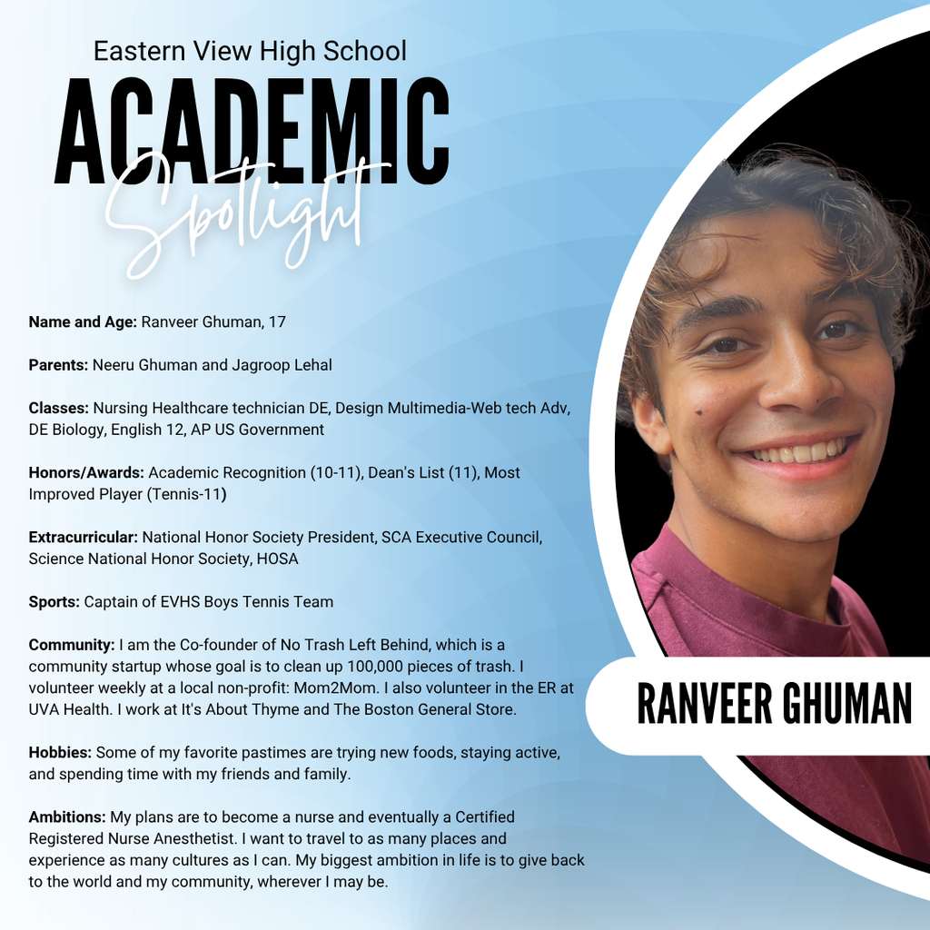 Student profile for Ranveer Ghuman with headshot, name, age, and brief description of achievements and interests.