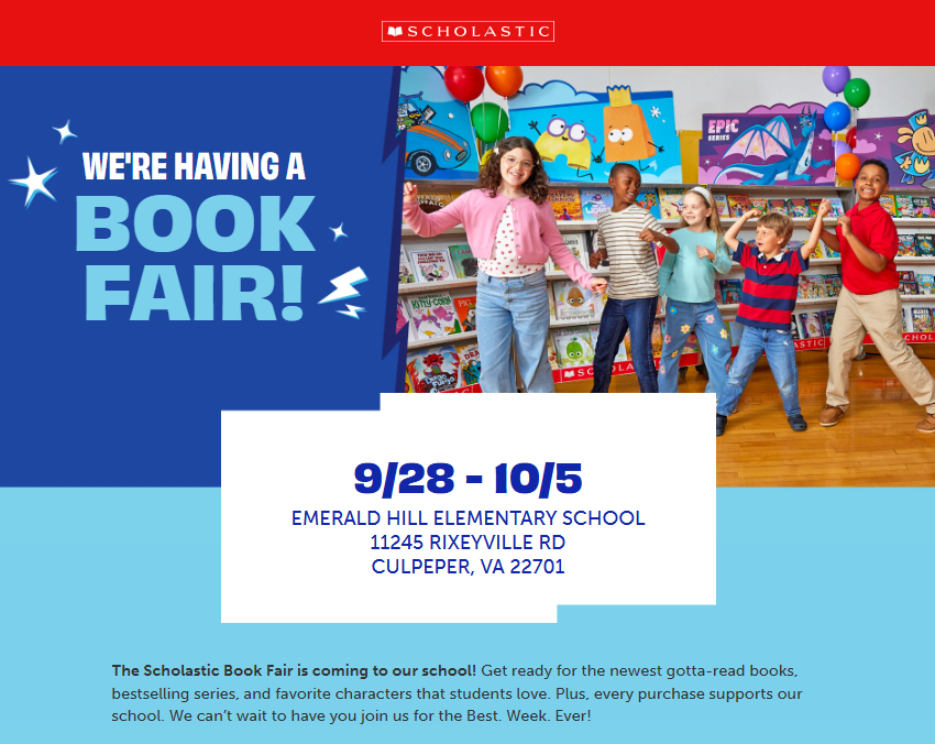 Advertisement for a book fair at Emerald Hill Elementary School, showing children in a library.