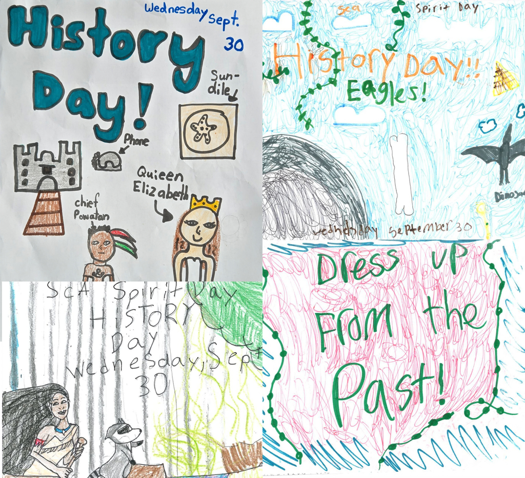 Four colorful artwork pieces with "History Day!" and "Dress Up From the Past!" text. Drawings include a castle, crown, eagle, and a woman.