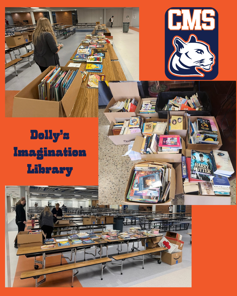 Collage highlighting Culpeper Middle School’s book drive supporting Dolly Parton’s Imagination Library. Photos show hundreds of donated books organized on cafeteria tables and packed into boxes. The collage features the CMS Cougar logo and the words “Dolly’s Imagination Library.”