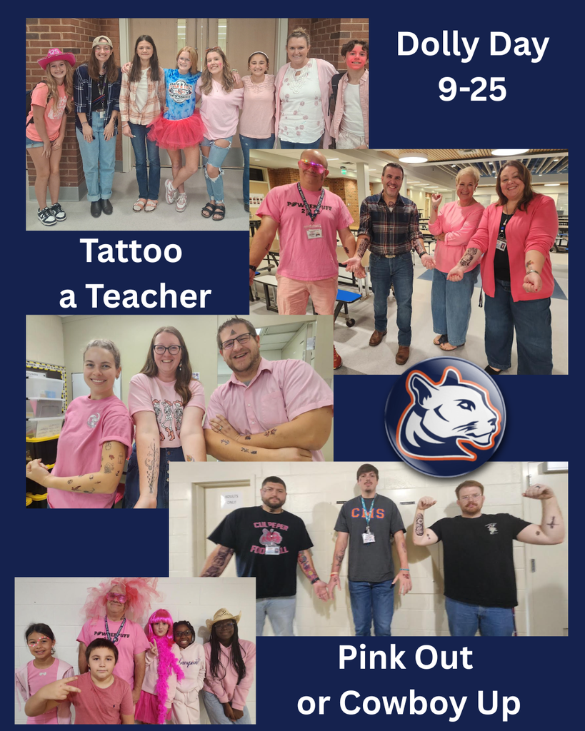 Dolly Day collage featuring CMS students and staff celebrating the book drive fundraiser. Participants wear pink and cowboy-themed clothing, and several teachers display temporary tattoos from the “Tattoo a Teacher” fundraiser. Text reads “Dolly Day 9-25,” “Tattoo a Teacher,” and “Pink Out or Cowboy Up,” with the CMS Cougar logo.