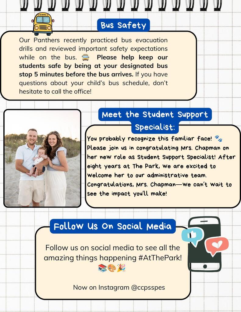 A page with text and images, including a bus for safety tips, a family photo with a caption, and social media icons.