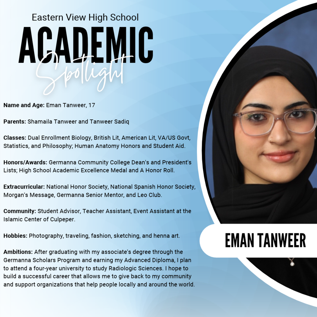 Blue and white school-themed flyer with text. A smiling student, wearing a black hijab and glasses, appears on the right.