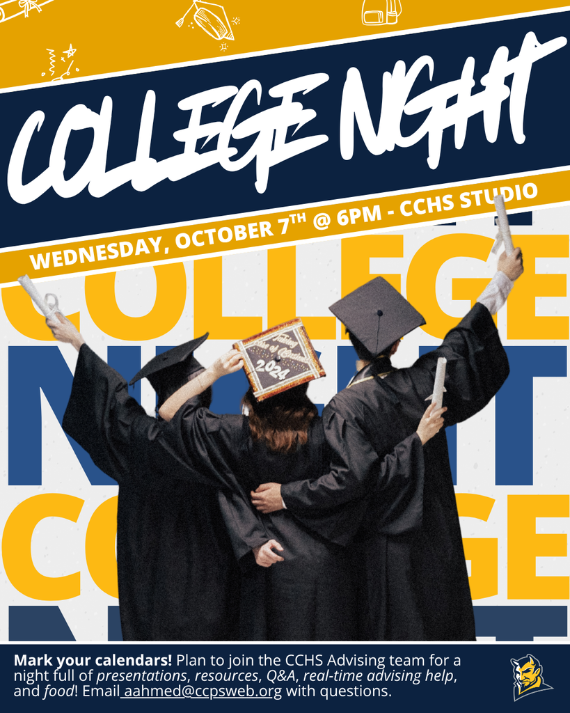 Three people in graduation gowns and caps are holding up signs. An announcement reads, "College Night, Wednesday, October 7th at 6 PM - CCHS Studio."