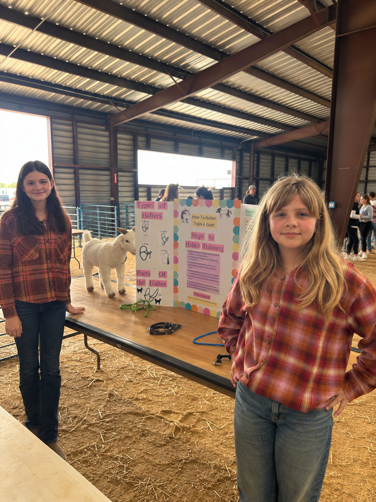Two CMS FFA students stand beside their display about types of halters and halter training during a State Fair of Virginia competition.