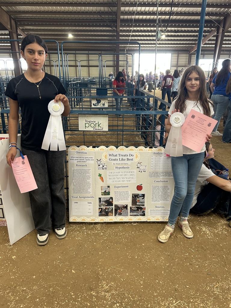Two CMS FFA students display award ribbons beside their project about which treats goats prefer at the State Fair of Virginia.